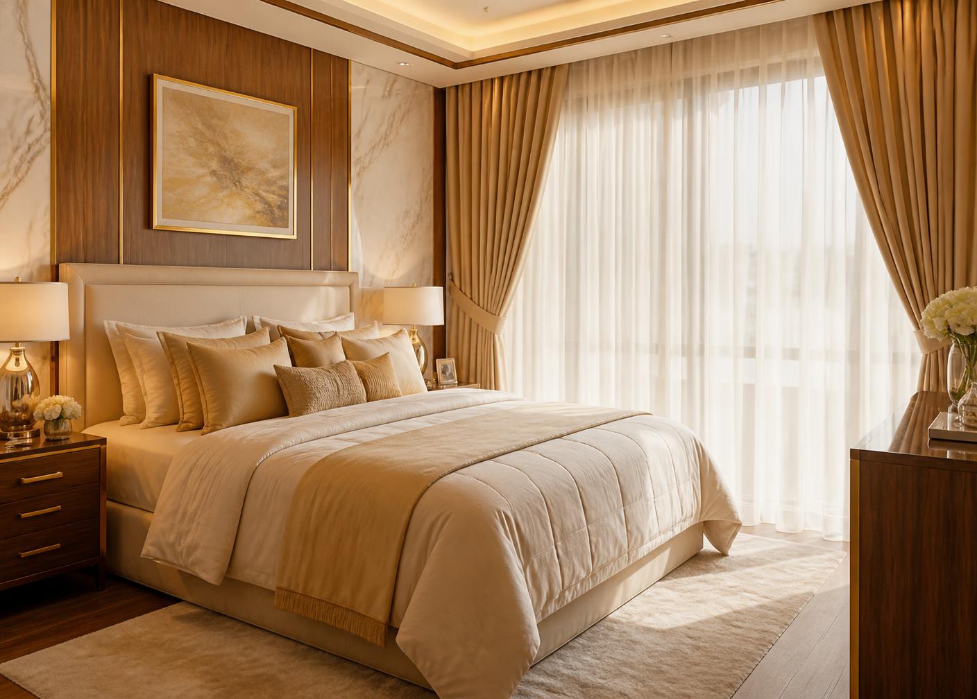 Luxury bedroom with layered sheer and blackout curtains